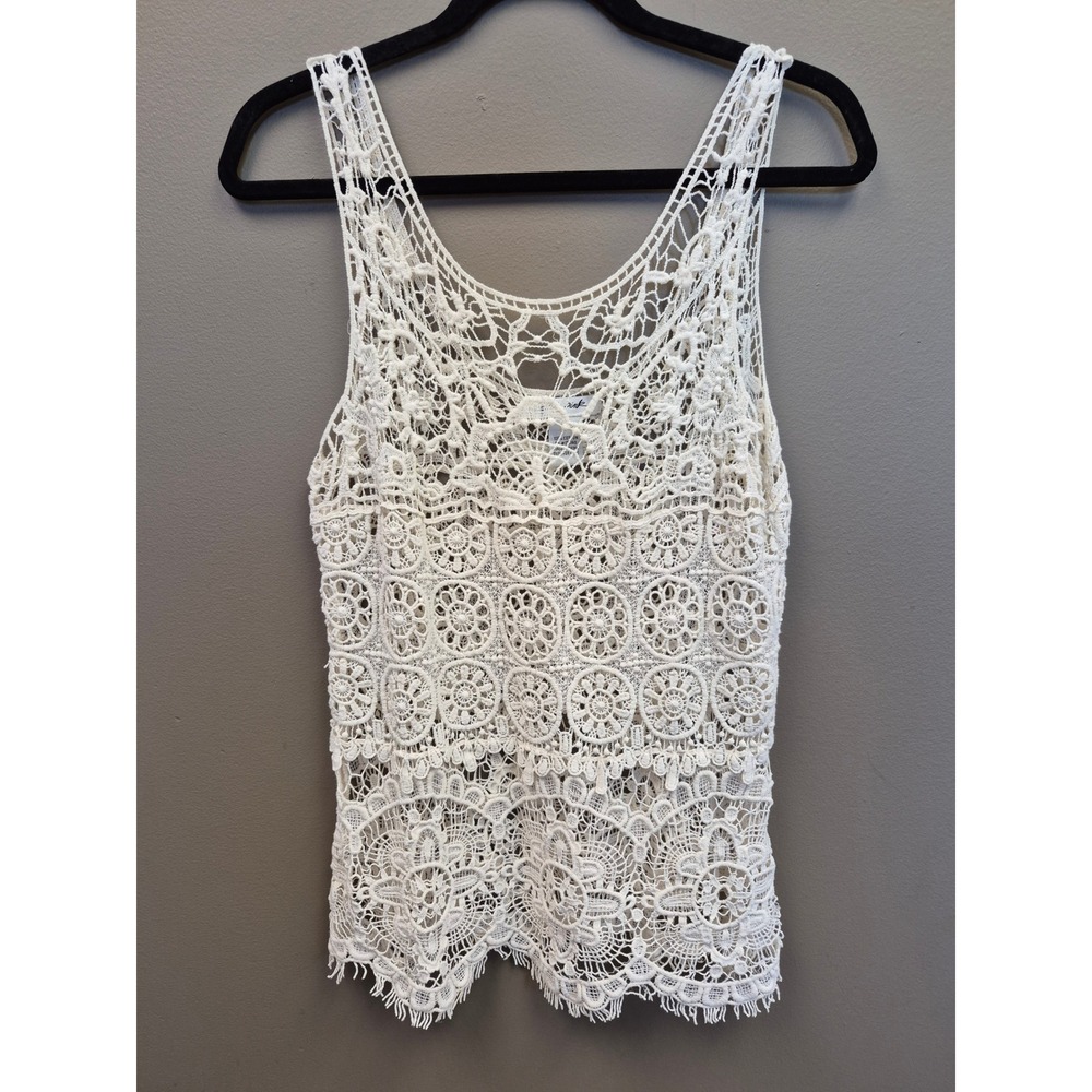 Ultra Pink Ivory Crochet Lace Tank Top‎ Sleeveless Boho Floral Scalloped Hem L